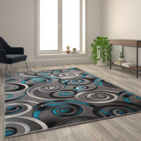 Flash Furniture ACD-RG414-69-TQ-GG Masie Collection 6' x 9' Turquoise Swirl Olefin Area Rug with Jute Backing - Entryway, Living Room, Bedroom